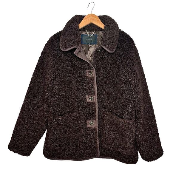 J. Crew Teddy Sherpa Coat Size Medium Chocolate Brown Button Front Collared - Picture 3 of 12